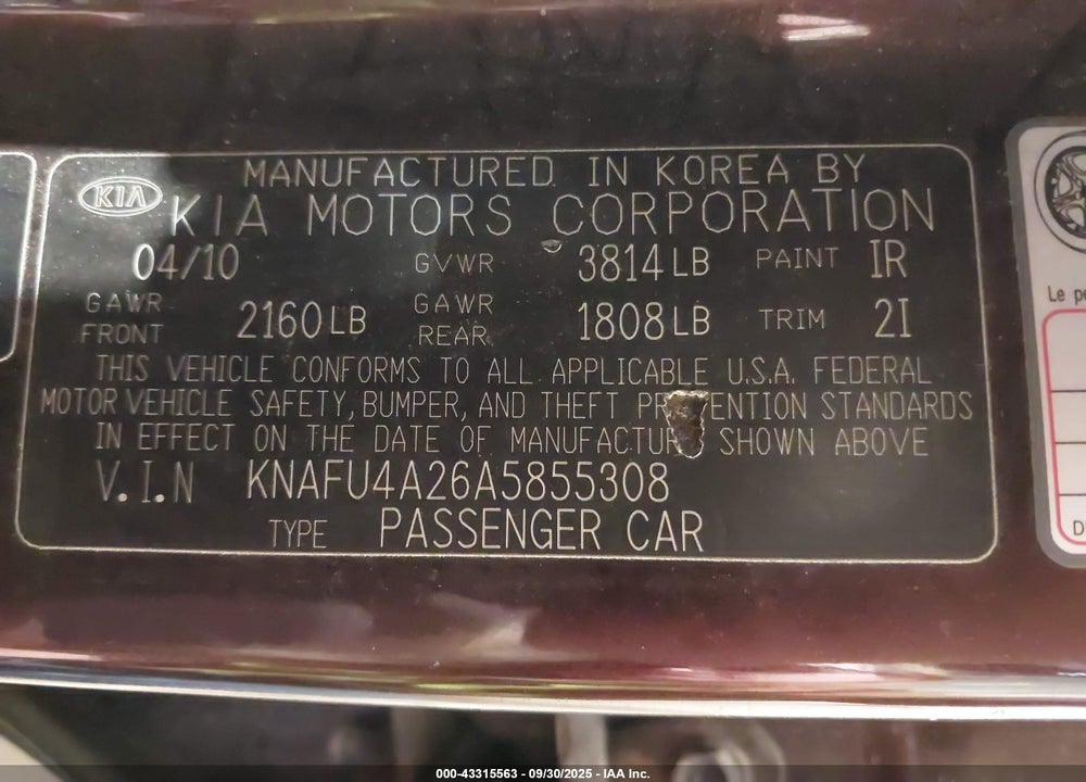 2010 KIA FORTE EX VIN: KNAFU4A26A5855308