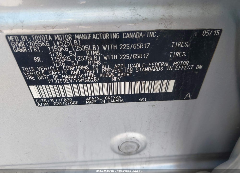 2015 TOYOTA RAV4 LE VIN: 2T3ZFREV7FW190267