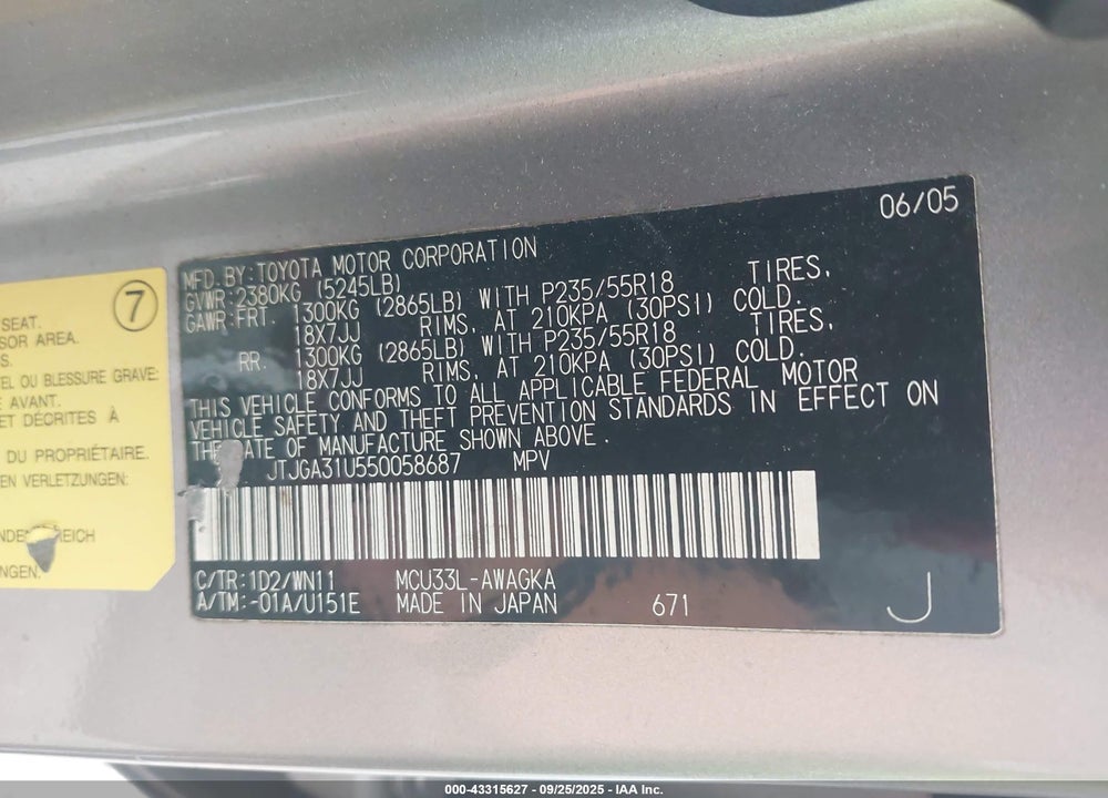 2005 LEXUS RX 330 VIN: JTJGA31U550058687