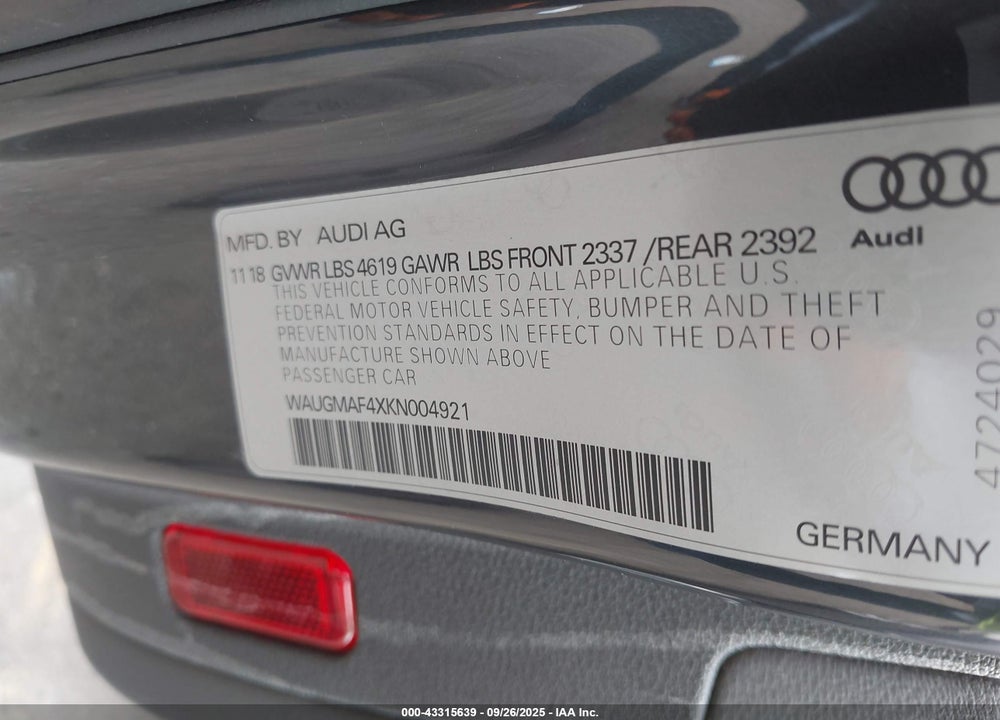 2019 AUDI A4 40 TITANIUM PREMIUM VIN: WAUGMAF4XKN004921