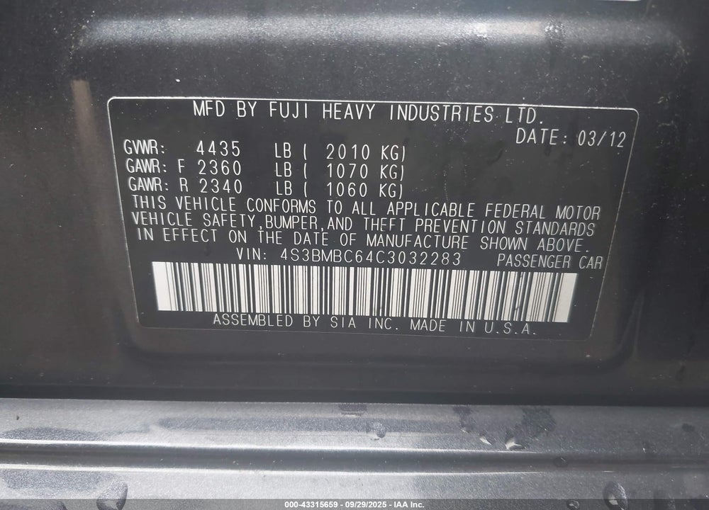 2012 SUBARU LEGACY VIN: 4S3BMBC64C3032283