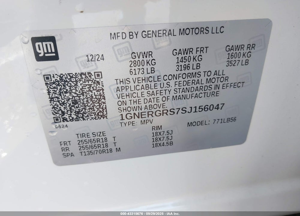 2025 CHEVROLET TRAVERSE VIN: 1GNERGRS7SJ156047