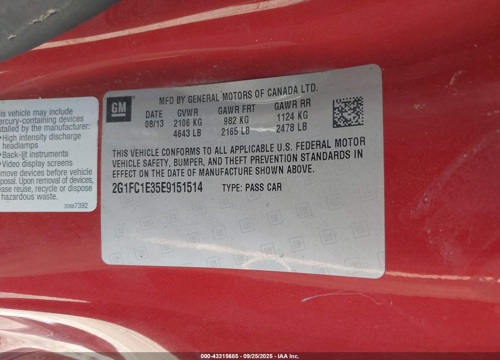 2014 CHEVROLET CAMARO 2LT VIN: 2G1FC1E35E9151514
