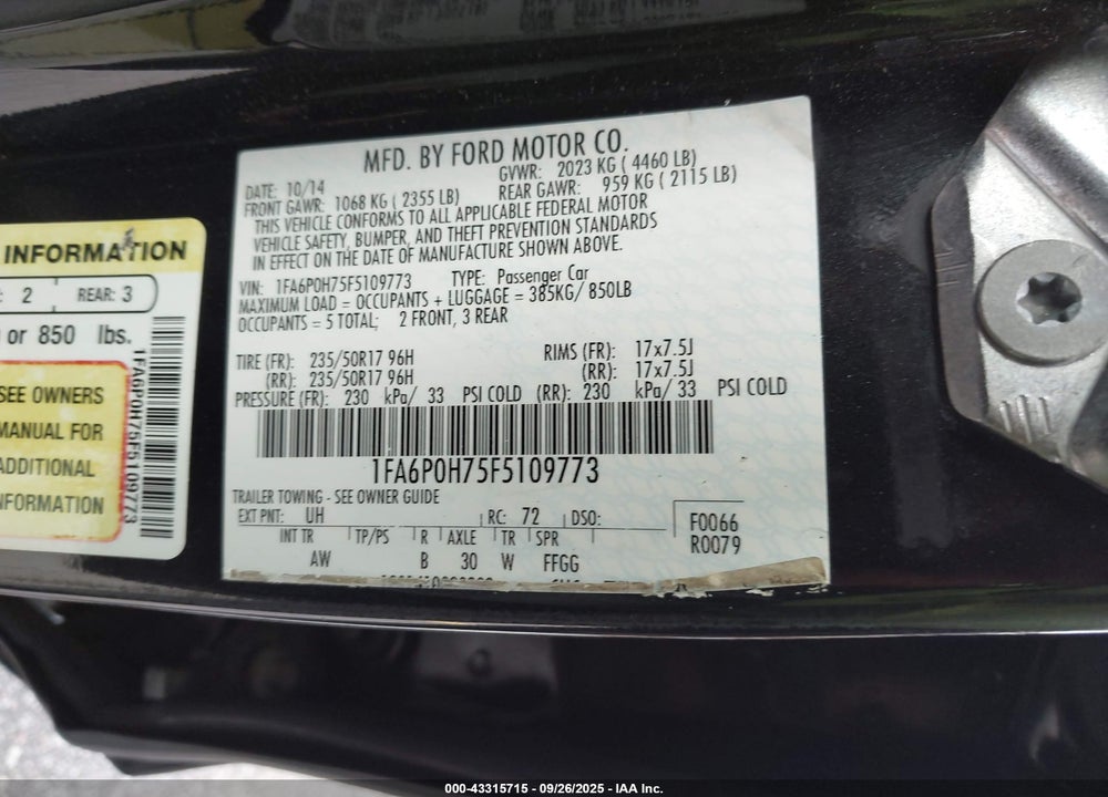 2015 FORD FUSION VIN: 1FA6P0H75F5109773