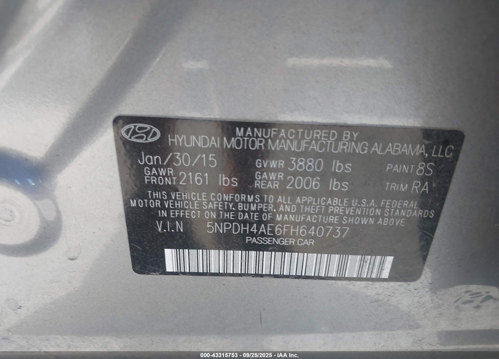 2015 HYUNDAI ELANTRA VIN: 5NPDH4AE6FH640737