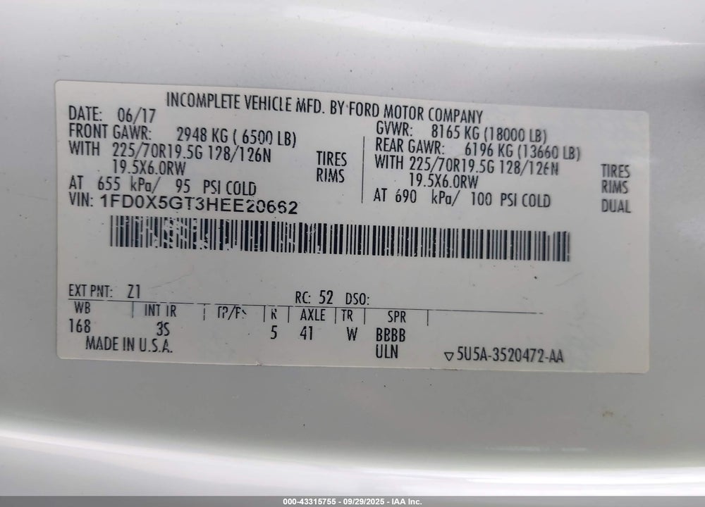 2017 FORD F-550 CHASSIS XLT VIN: 1FD0X5GT3HEE20662