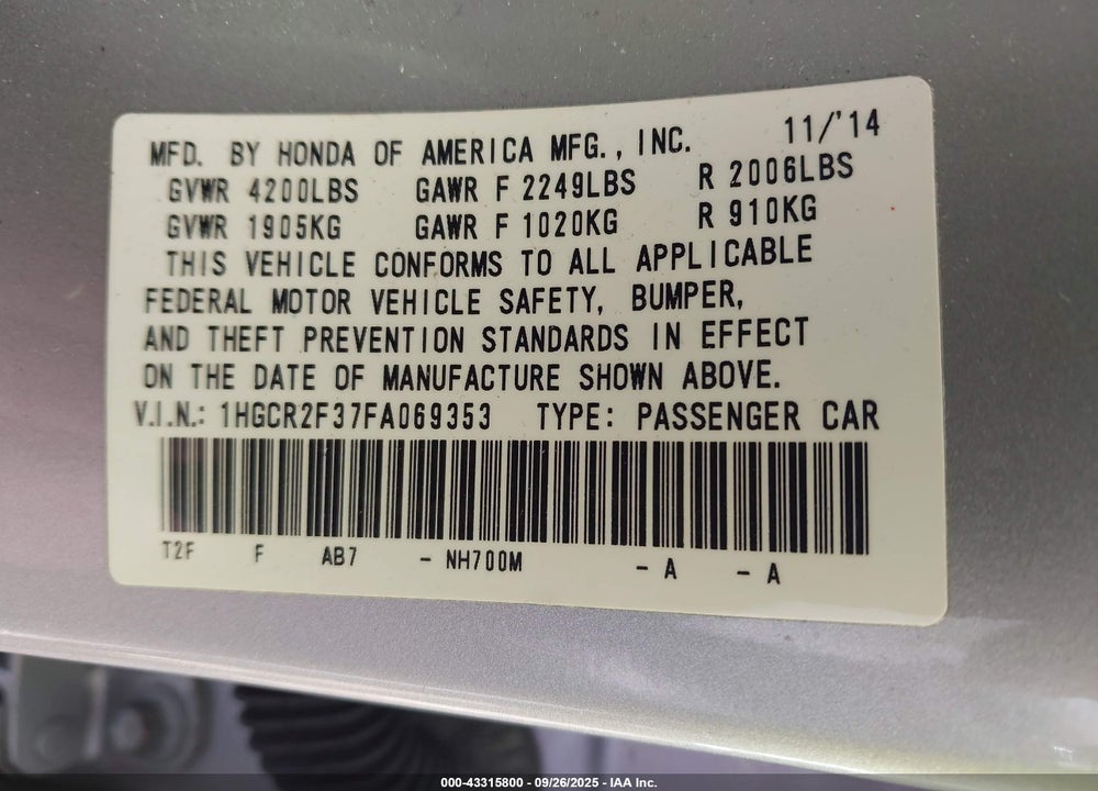 2015 HONDA ACCORD VIN: 1HGCR2F37FA069353