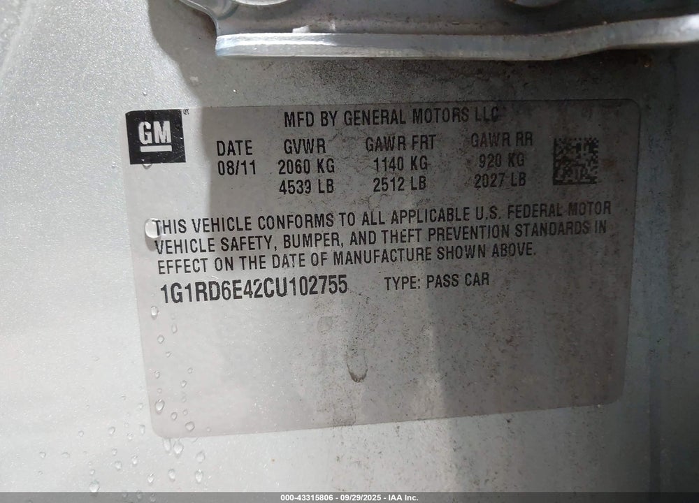 2012 CHEVROLET VOLT VIN: 1G1RD6E42CU102755