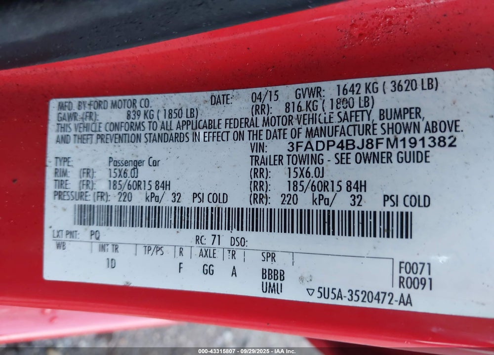 2015 FORD FIESTA SE VIN: 3FADP4BJ8FM191382
