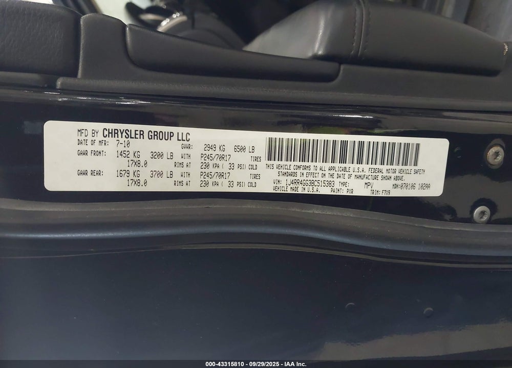 2011 JEEP GRAND CHEROKEE VIN: 1J4RR4GG3BC515383