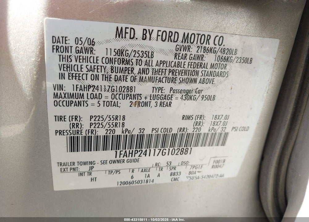 2007 FORD FIVE HUNDRED SEL VIN: 1FAHP24117G102881