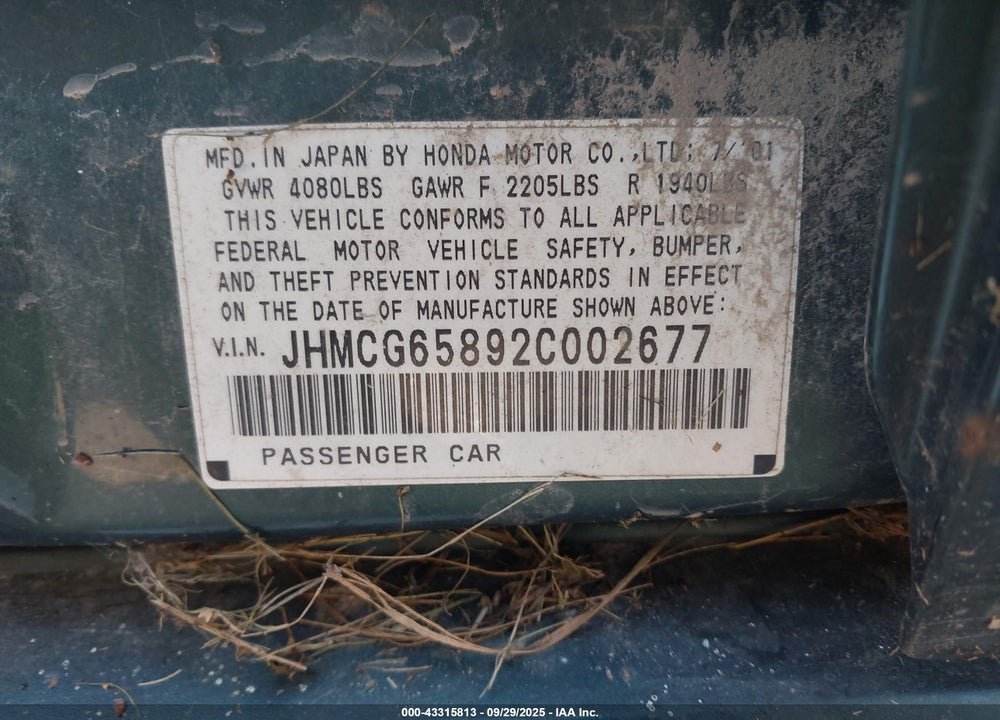 2002 HONDA ACCORD 2.3 EX VIN: JHMCG65892C002677