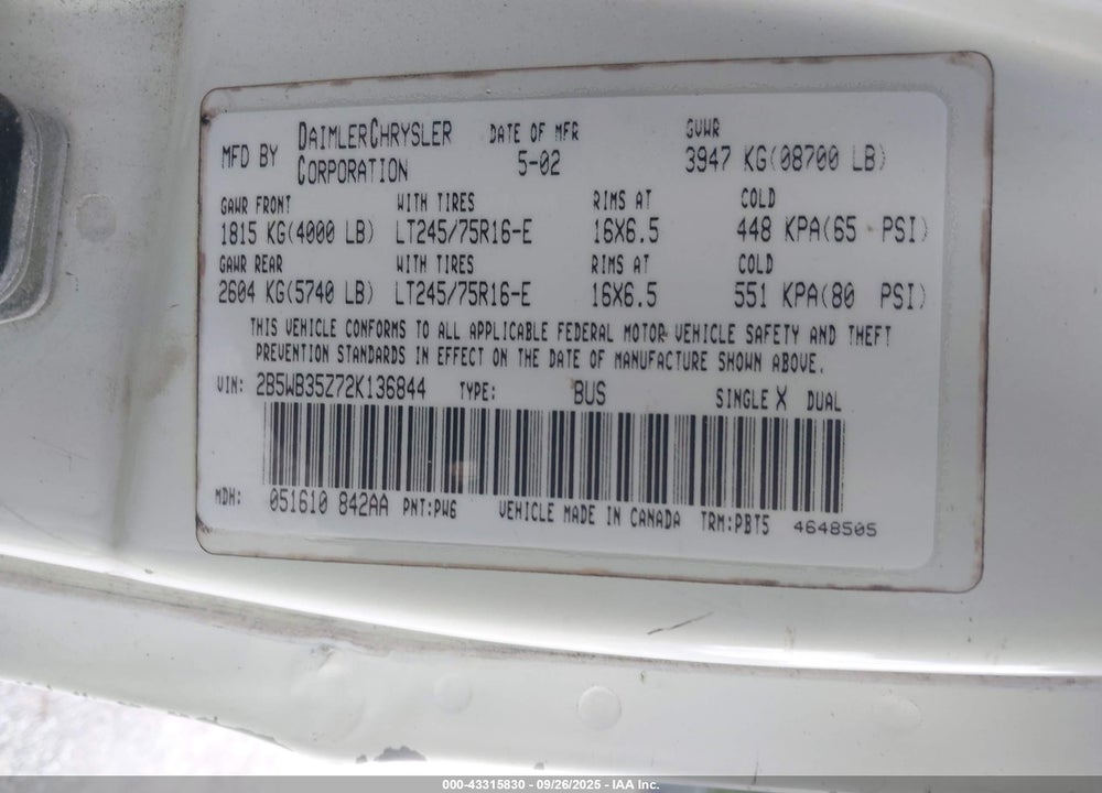2002 DODGE RAM WAGON 3500 VIN: 2B5WB35Z72K136844