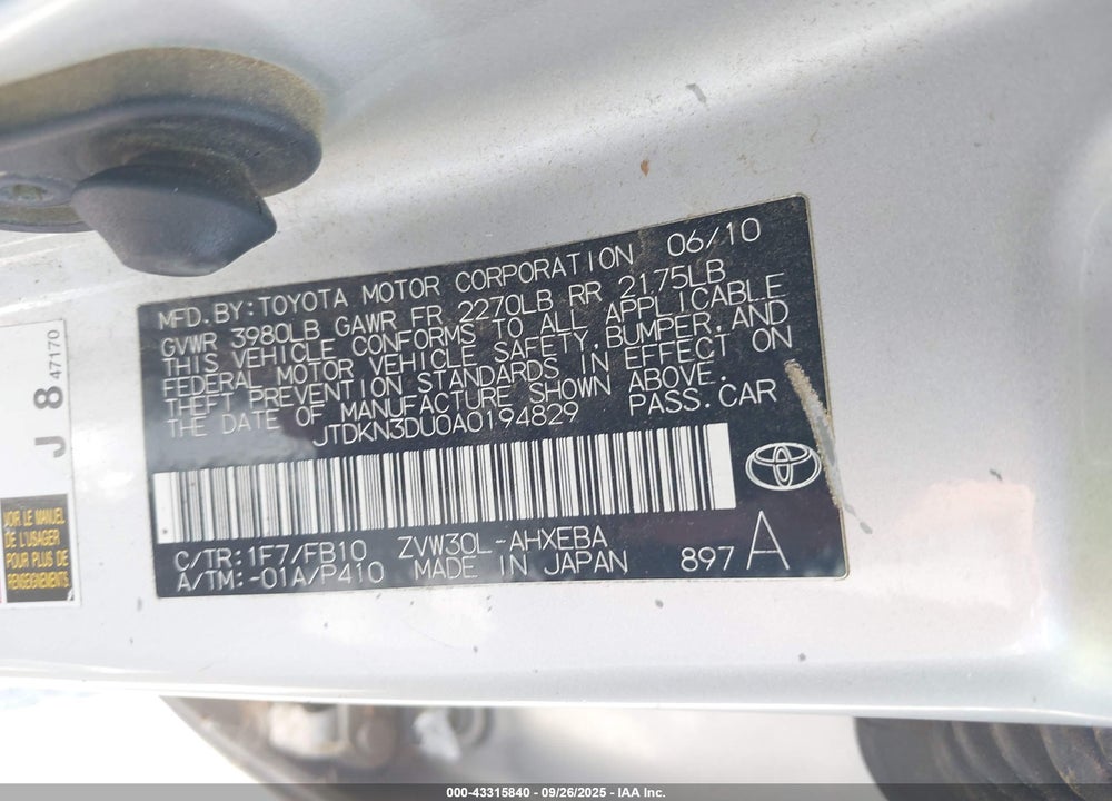 2010 TOYOTA PRIUS VIN: JTDKN3DU0A0194829