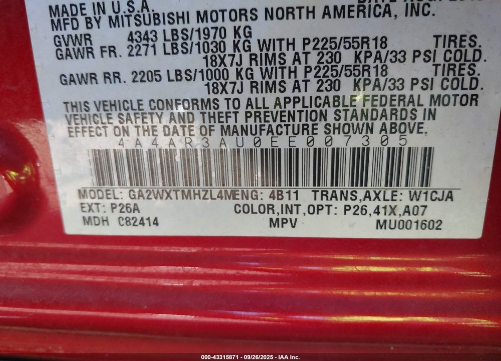 2014 MITSUBISHI OUTLANDER SPORT VIN: 4A4AR3AU0EE007305