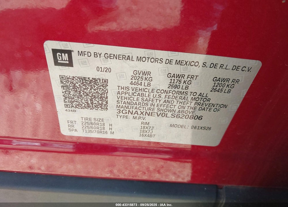 2020 CHEVROLET EQUINOX VIN: 3GNAXNEV0LS620806