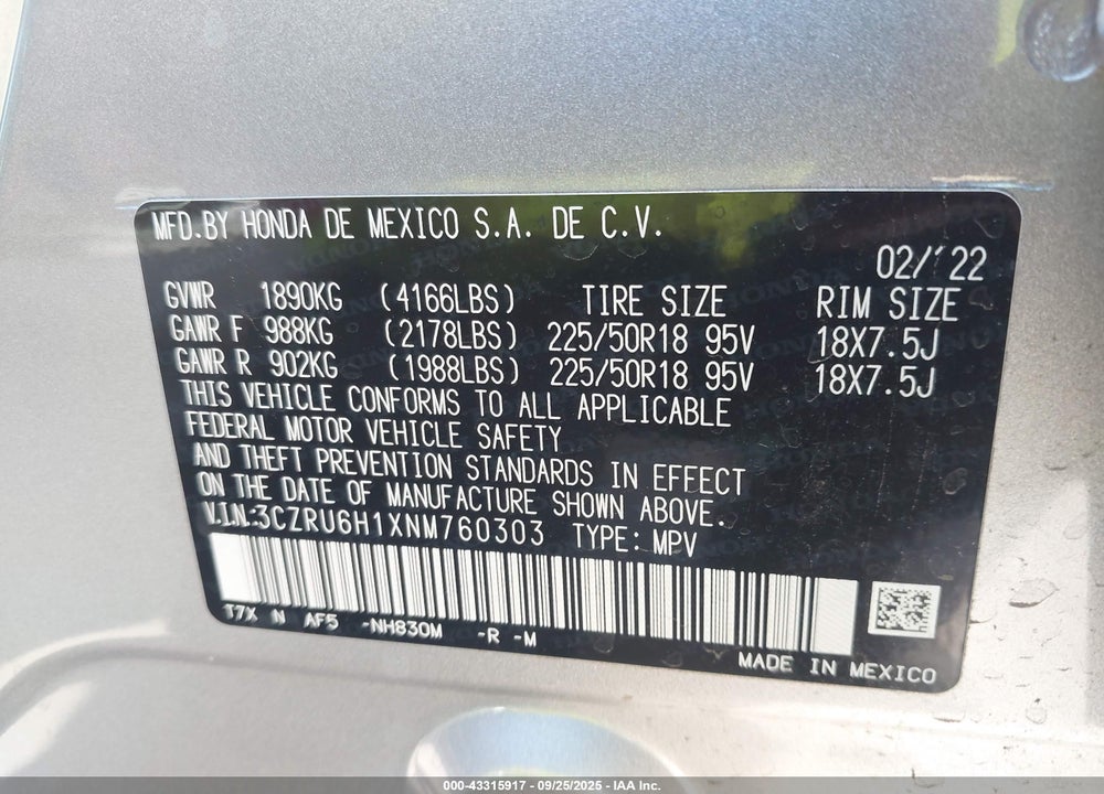 2022 HONDA HR-V VIN: 3CZRU6H1XNM760303
