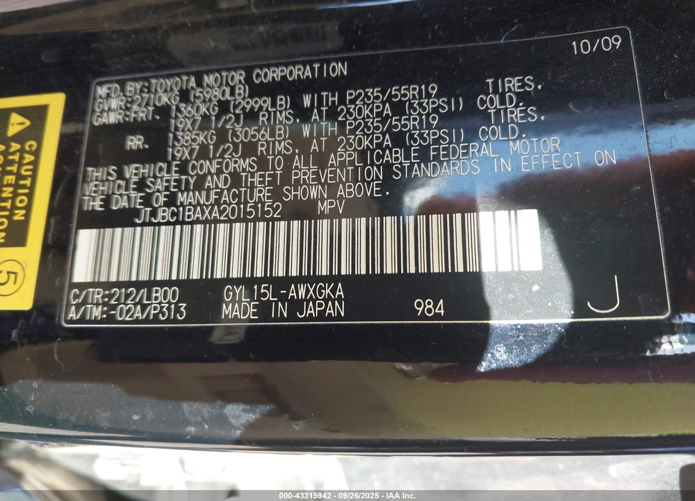 2010 LEXUS RX 450H VIN: JTJBC1BAXA2015152