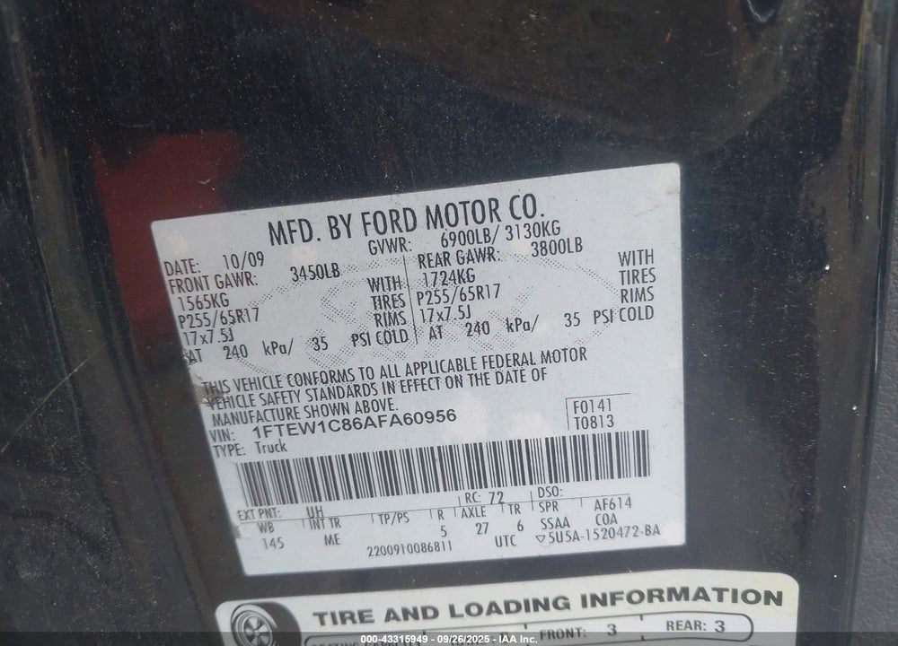 2010 FORD F-150 FX2 SPORT/XL/XLT VIN: 1FTEW1C86AFA60956