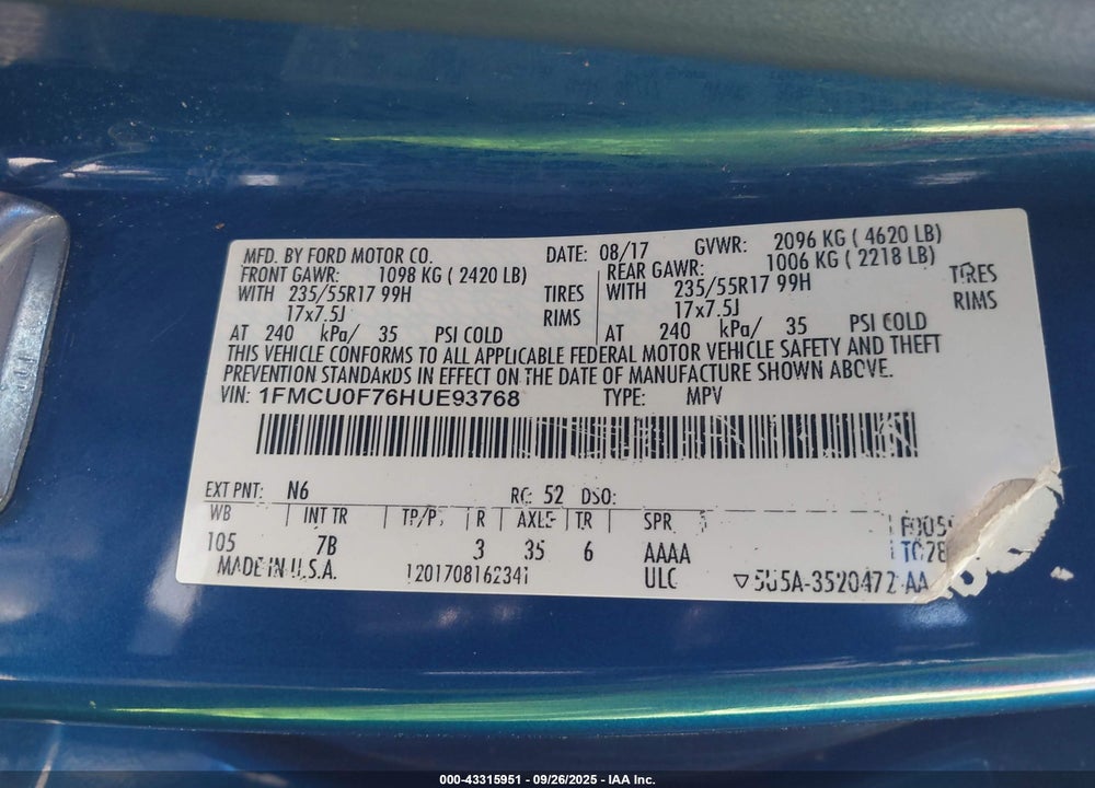 2017 FORD ESCAPE VIN: 1FMCU0F76HUE93768