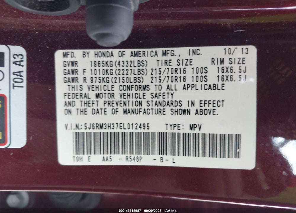 2014 HONDA CR-V LX VIN: 5J6RM3H37EL012495