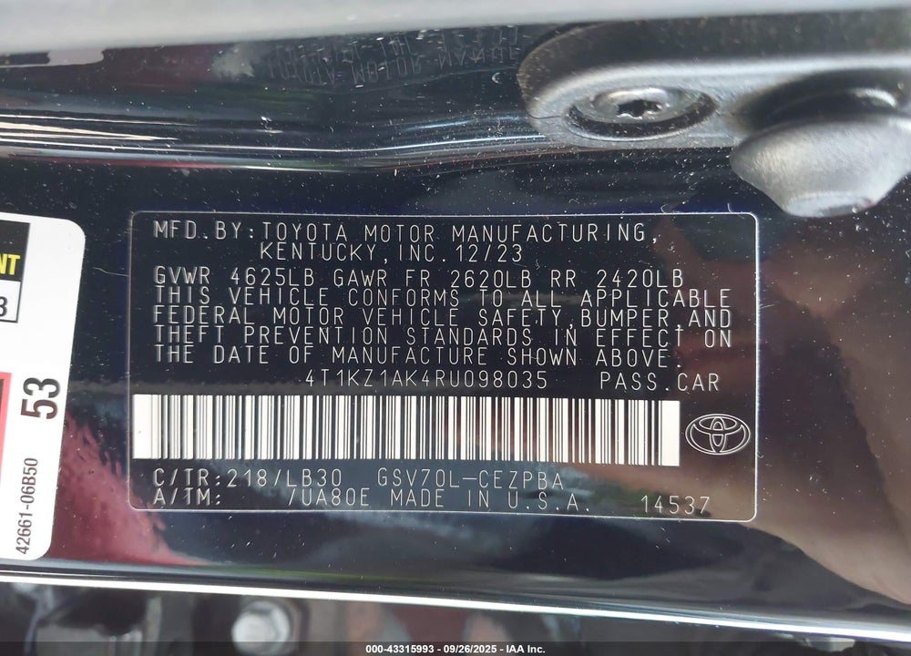 2024 TOYOTA CAMRY VIN: 4T1KZ1AK4RU098035