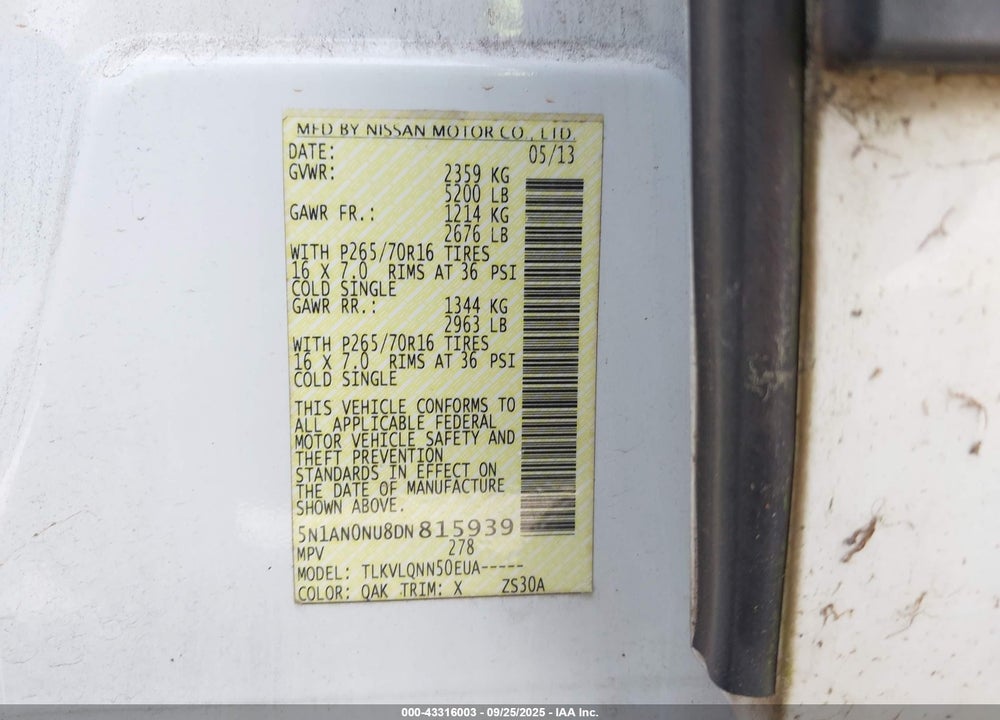 2013 NISSAN XTERRA VIN: 5N1AN0NU8DN815939