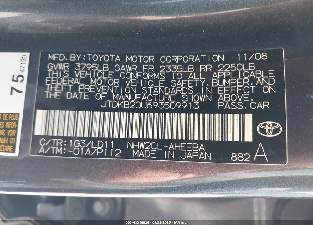 2009 TOYOTA PRIUS VIN: JTDKB20U693509913