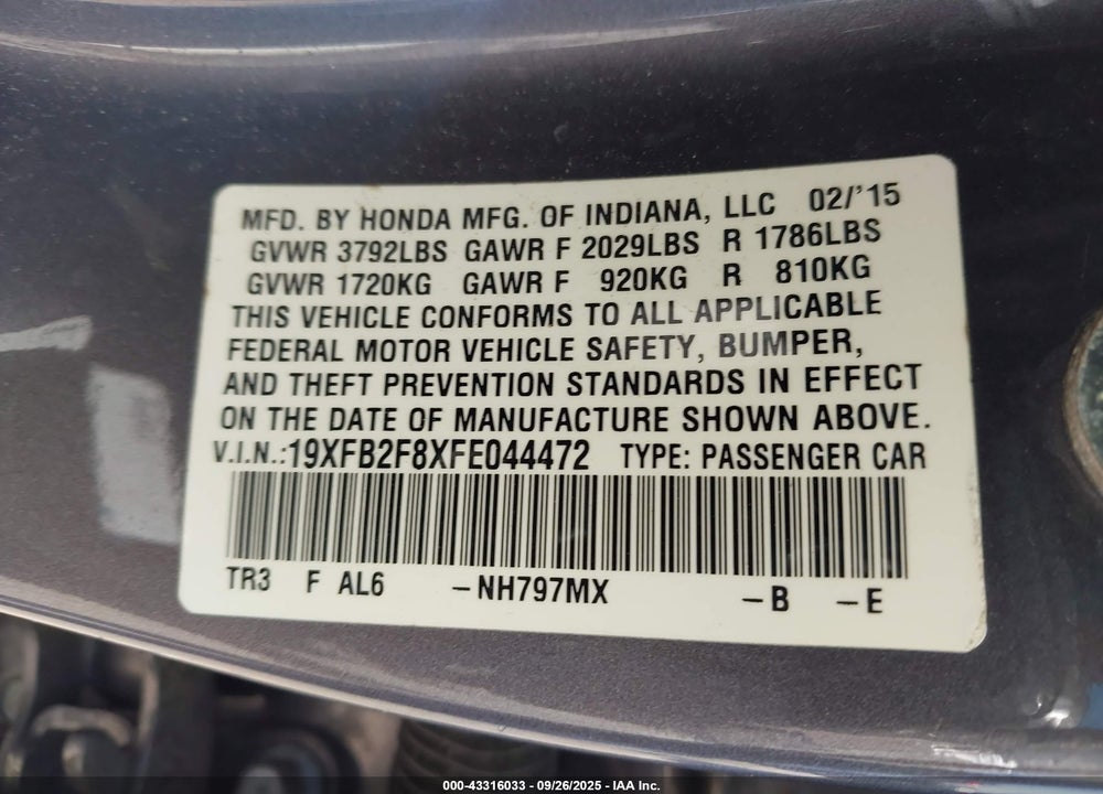 2015 HONDA CIVIC VIN: 19XFB2F8XFE044472