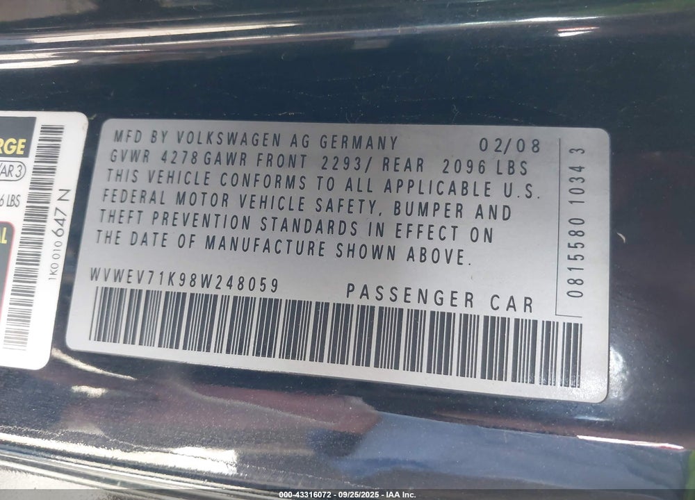 2008 VOLKSWAGEN GTI 2-DOOR VIN: WVWEV71K98W248059