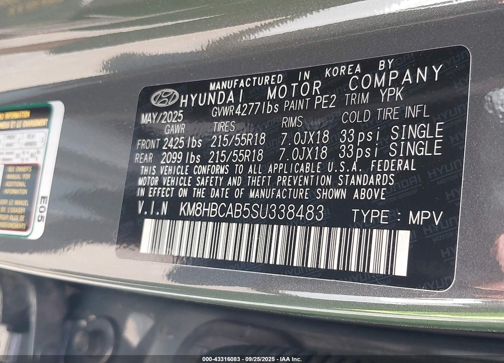 2025 HYUNDAI KONA VIN: KM8HBCAB5SU338483