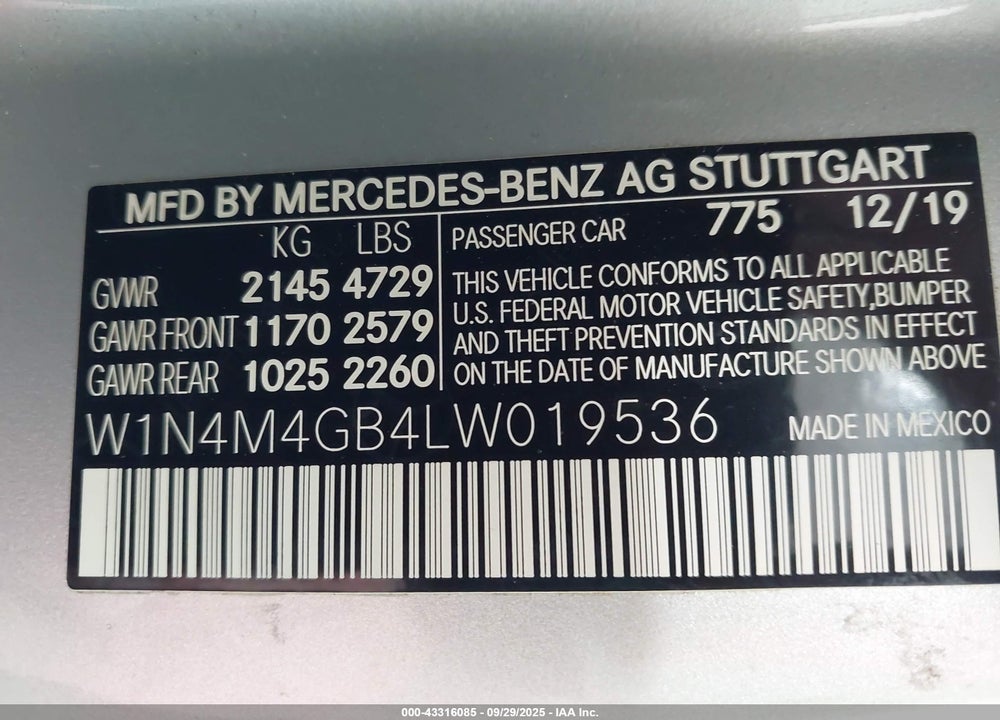 2020 MERCEDES-BENZ GLB-CLASS VIN: W1N4M4GB4LW019536