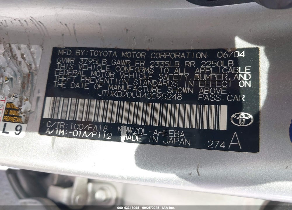 2004 TOYOTA PRIUS VIN: JTDKB20U440095248