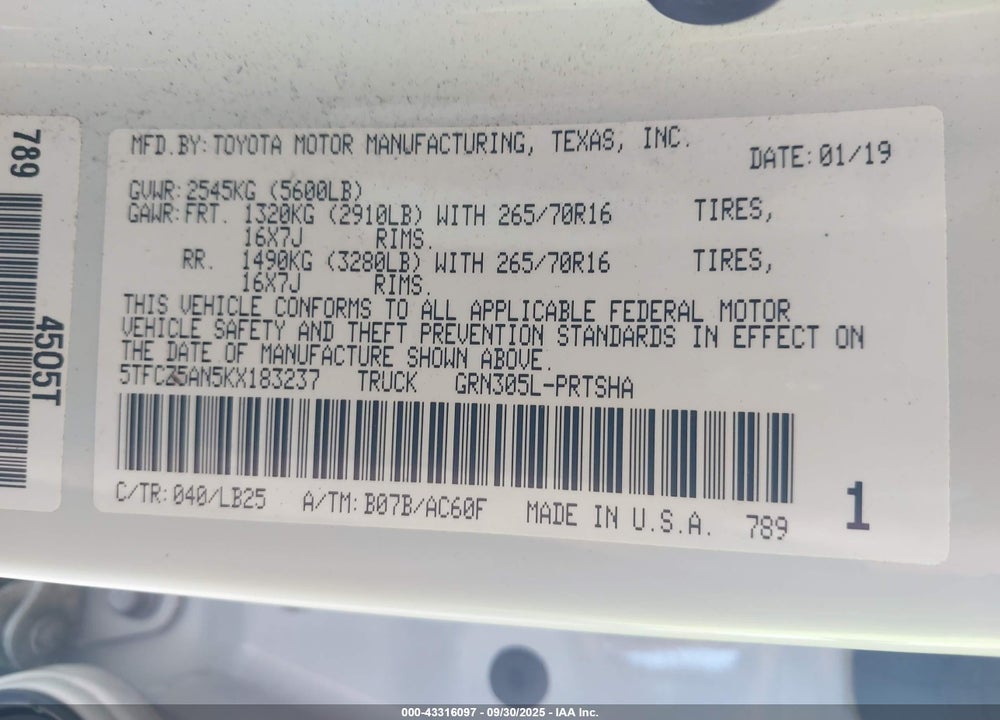 2019 TOYOTA TACOMA VIN: 5TFCZ5AN5KX183237
