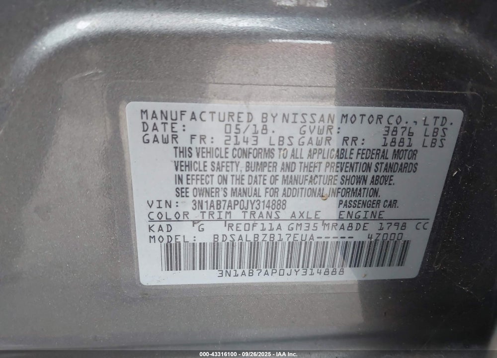 2018 NISSAN SENTRA VIN: 3N1AB7AP0JY314888