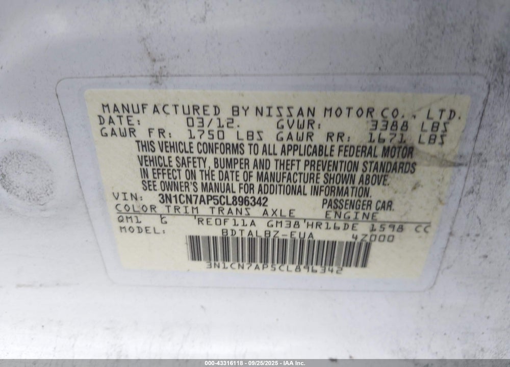 2012 NISSAN VERSA VIN: 3N1CN7AP5CL896342