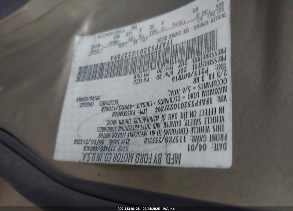 2001 FORD TAURUS SES VIN: 1FAFP55201G227894