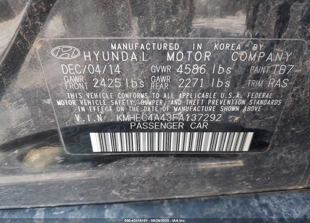 2015 HYUNDAI SONATA HYBRID VIN: KMHEC4A43FA137292