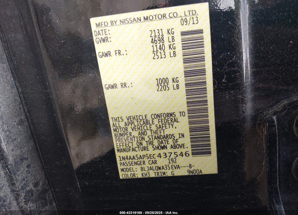 2014 NISSAN MAXIMA VIN: 1N4AA5AP5EC437546