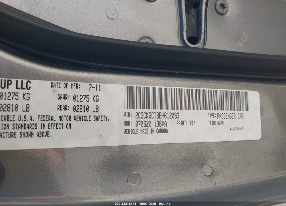 2011 CHRYSLER 300 VIN: 2C3CK6CT8BH612093