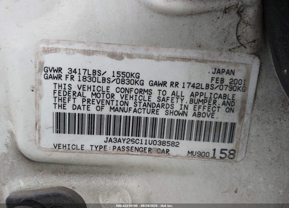 2001 MITSUBISHI MIRAGE ES VIN: JA3AY26C11U038582