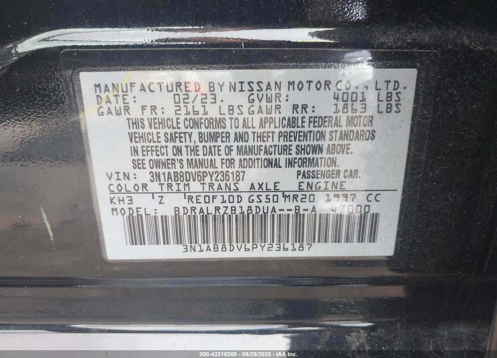 2023 NISSAN SENTRA SR XTRONIC CVT VIN: 3N1AB8DV6PY236187