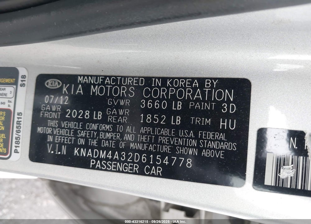 2013 KIA RIO LX VIN: KNADM4A32D6154778