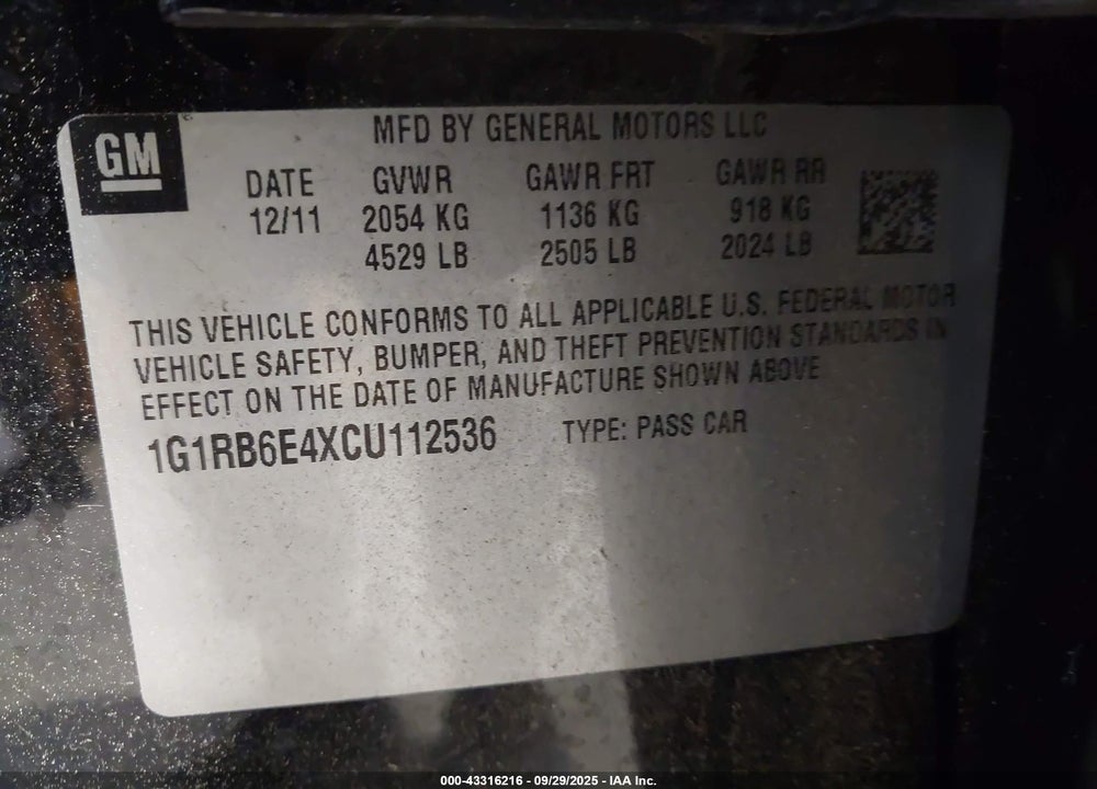 2012 CHEVROLET VOLT VIN: 1G1RB6E4XCU112536