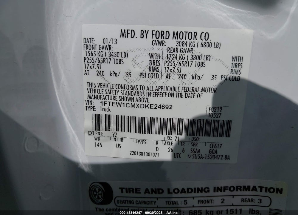2013 FORD F-150 XLT VIN: 1FTEW1CMXDKE24692