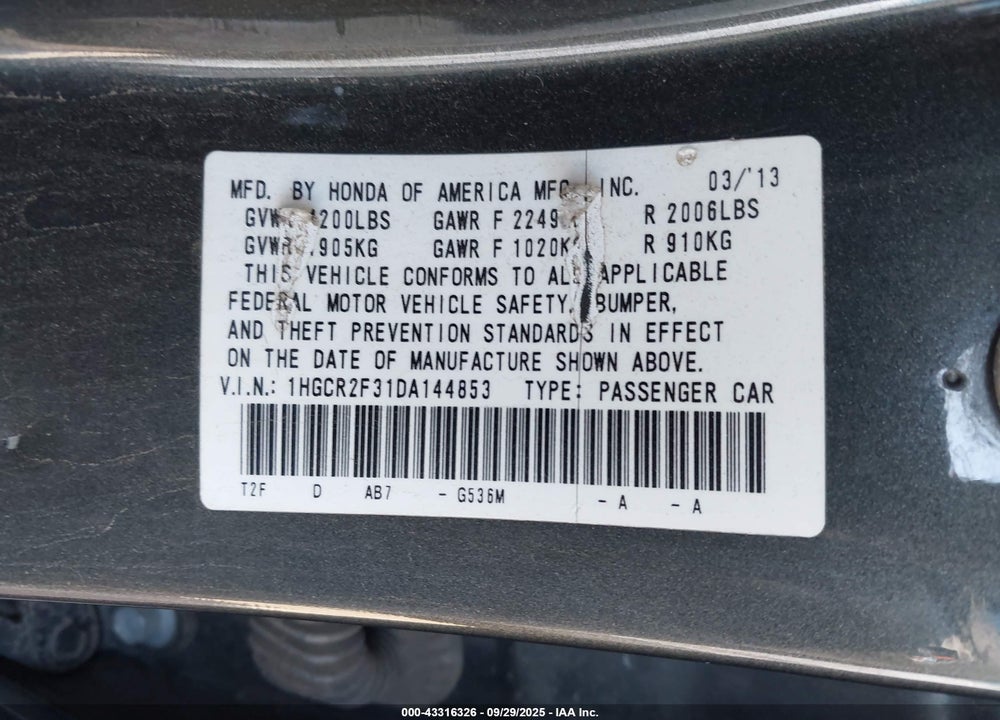2013 HONDA ACCORD VIN: 1HGCR2F31DA144853