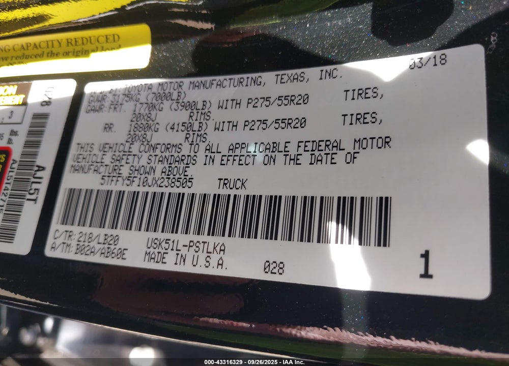 2018 TOYOTA TUNDRA LIMITED 5.7L V8 VIN: 5TFFY5F10JX238505