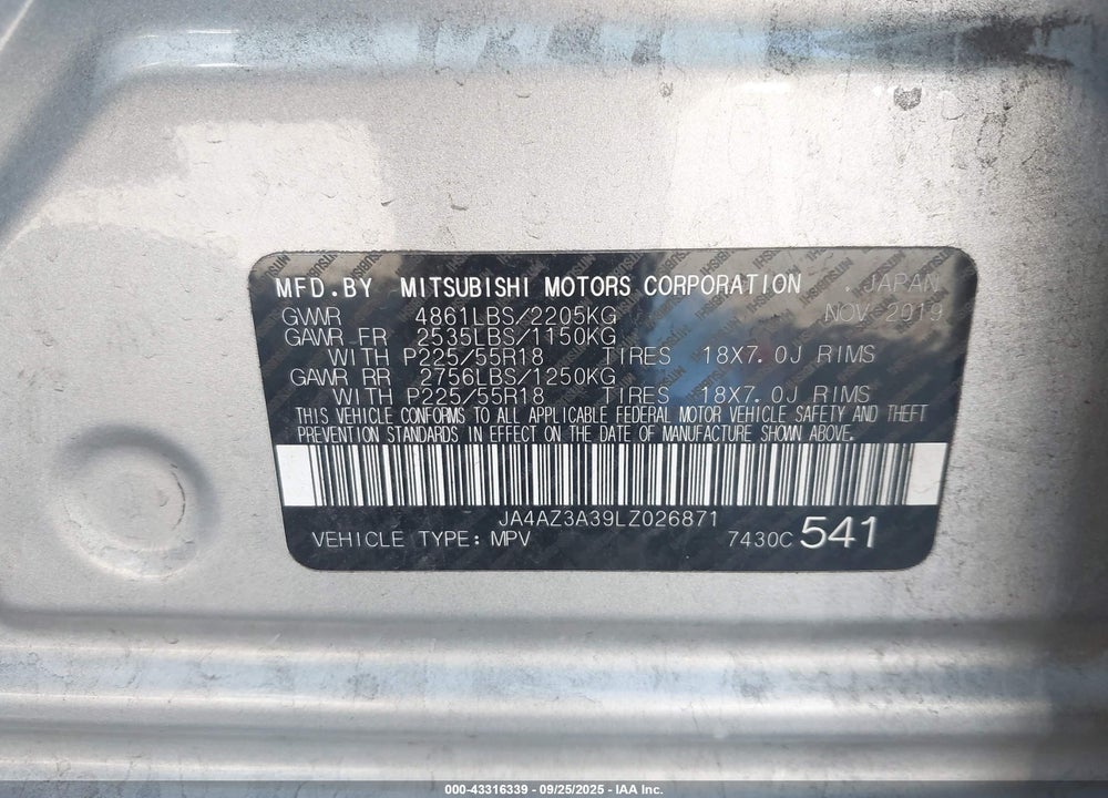 2020 MITSUBISHI OUTLANDER VIN: JA4AZ3A39LZ026871