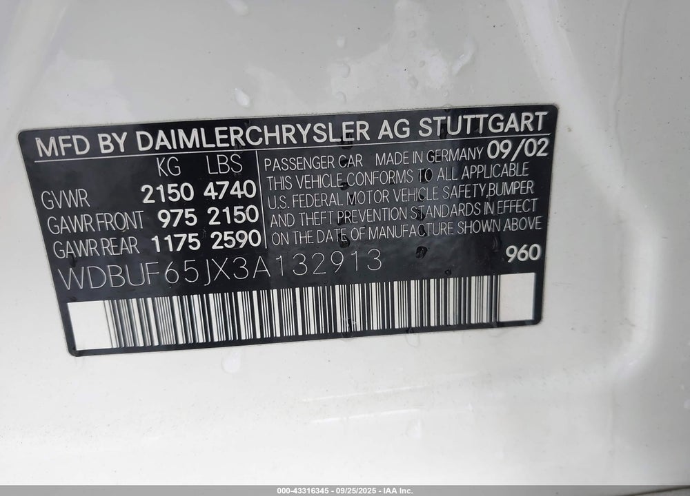 2003 MERCEDES-BENZ E 320 VIN: WDBUF65JX3A132913