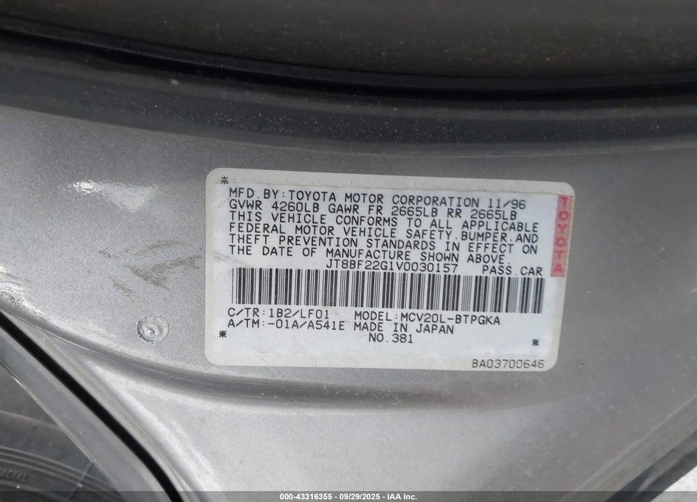 1997 LEXUS ES 300 VIN: JT8BF22G1V0030157